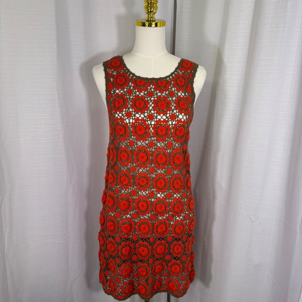Free People Crochet‎ Mini Dress Orange Brown Floral Medallion Cotton Medium